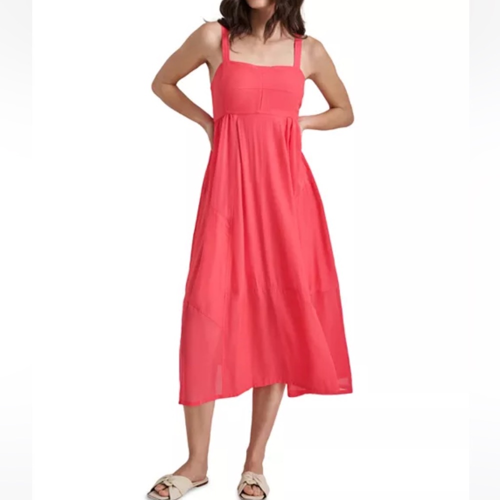 DKNY Women’s Mix Media Midi Dress Square neck In Coral Size M